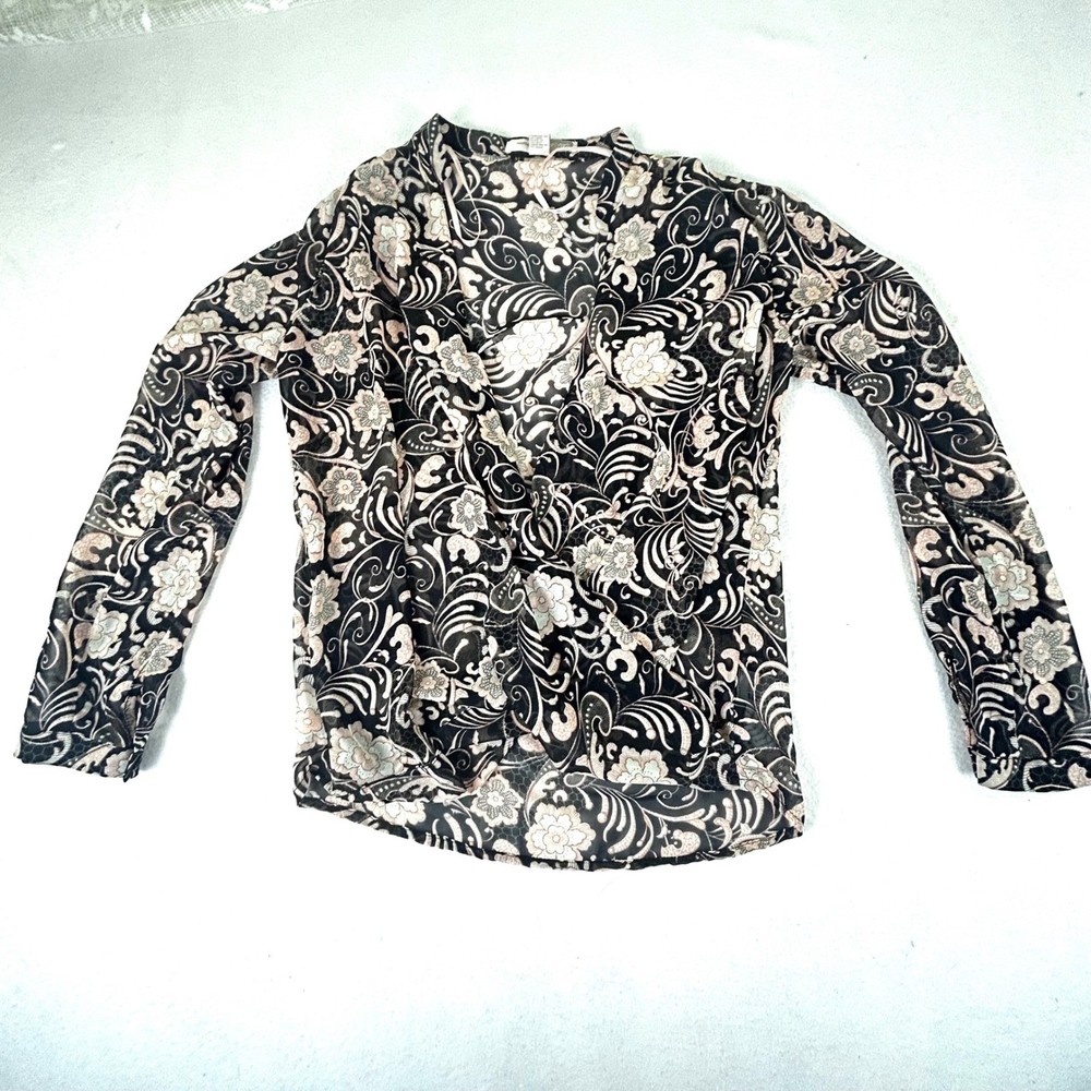 Forever 21 Contemporary XS Blouse Top Floral Black Beige Sheer Long Sleeve