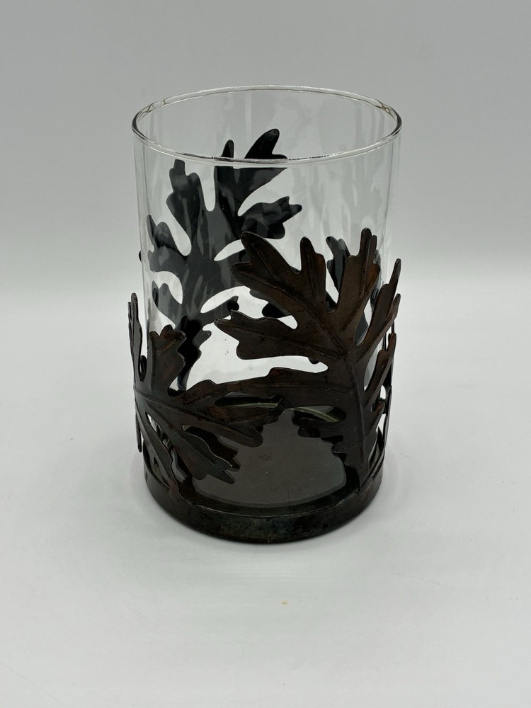 Autumn Oak Leaf Metal Glass Pillar Candle Holder Fall 6.5