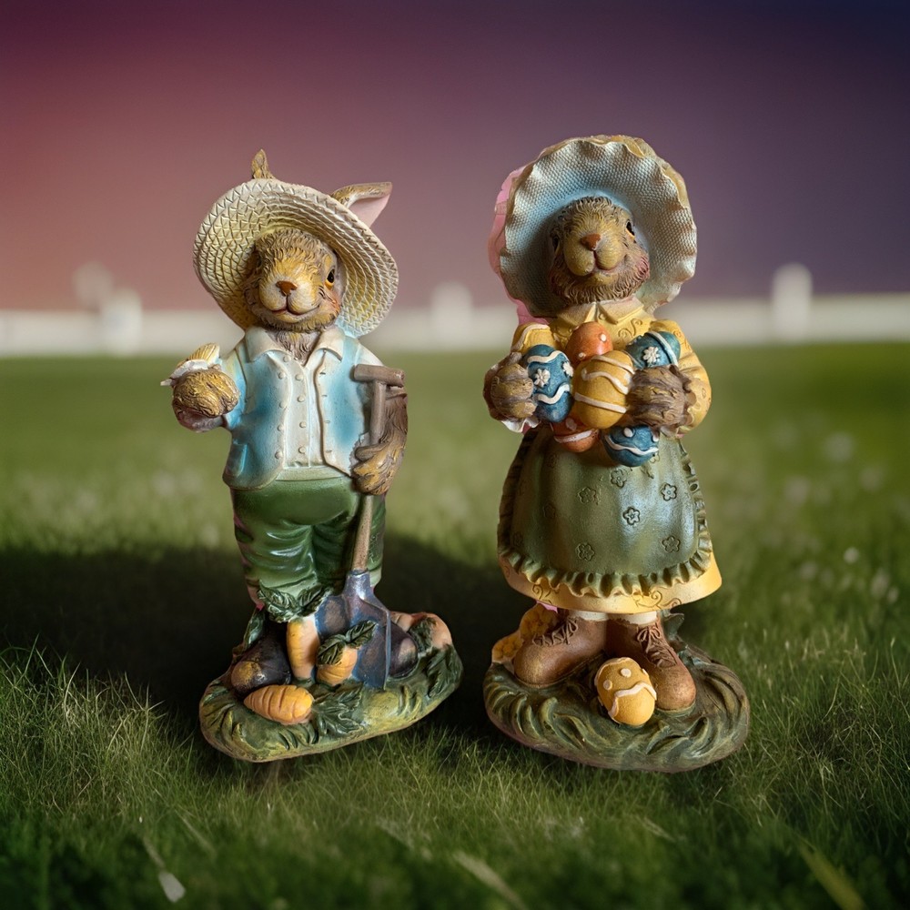 Euro Cottage Easter Bunny Rabbit Gardener Figurines Pastel Eggs Butterfly Carrot