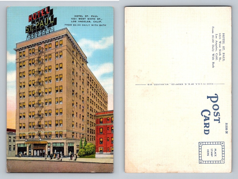 Los Angeles, CA-California, Hotel St Paul Street View Vintage Postcard