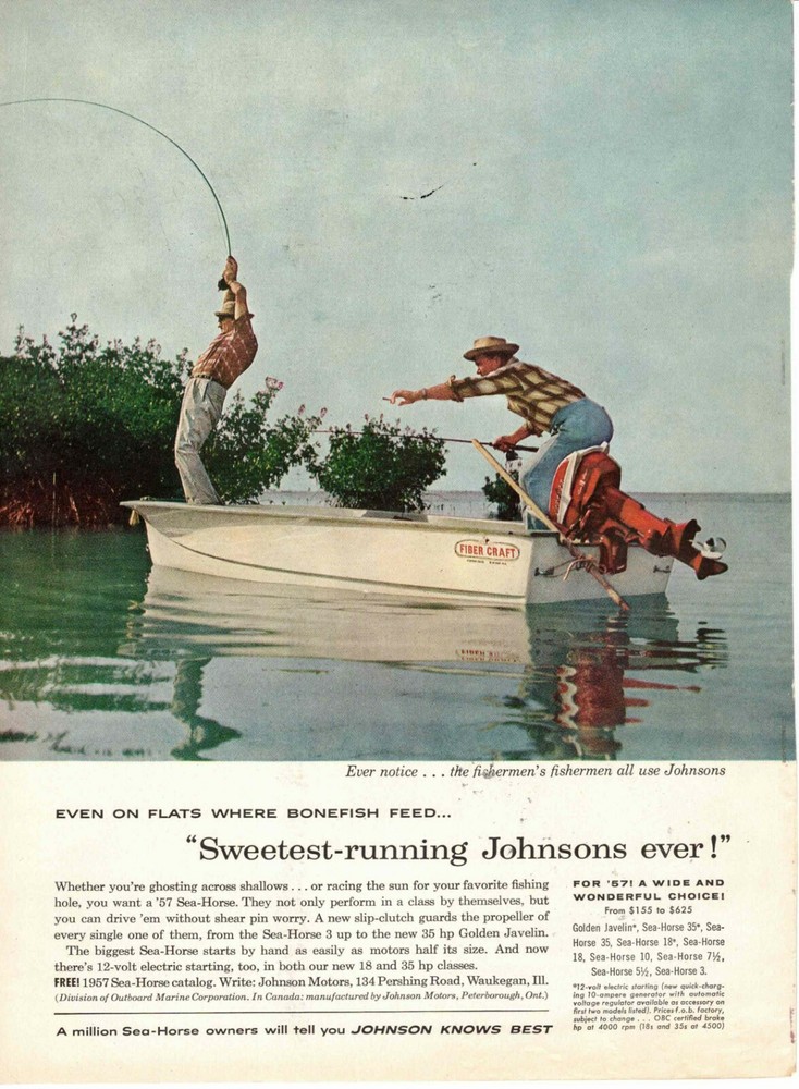 Johnson Sea Horse Outboard Motor Golden Javelin Bonefishing ad 1957 Waukegan IL