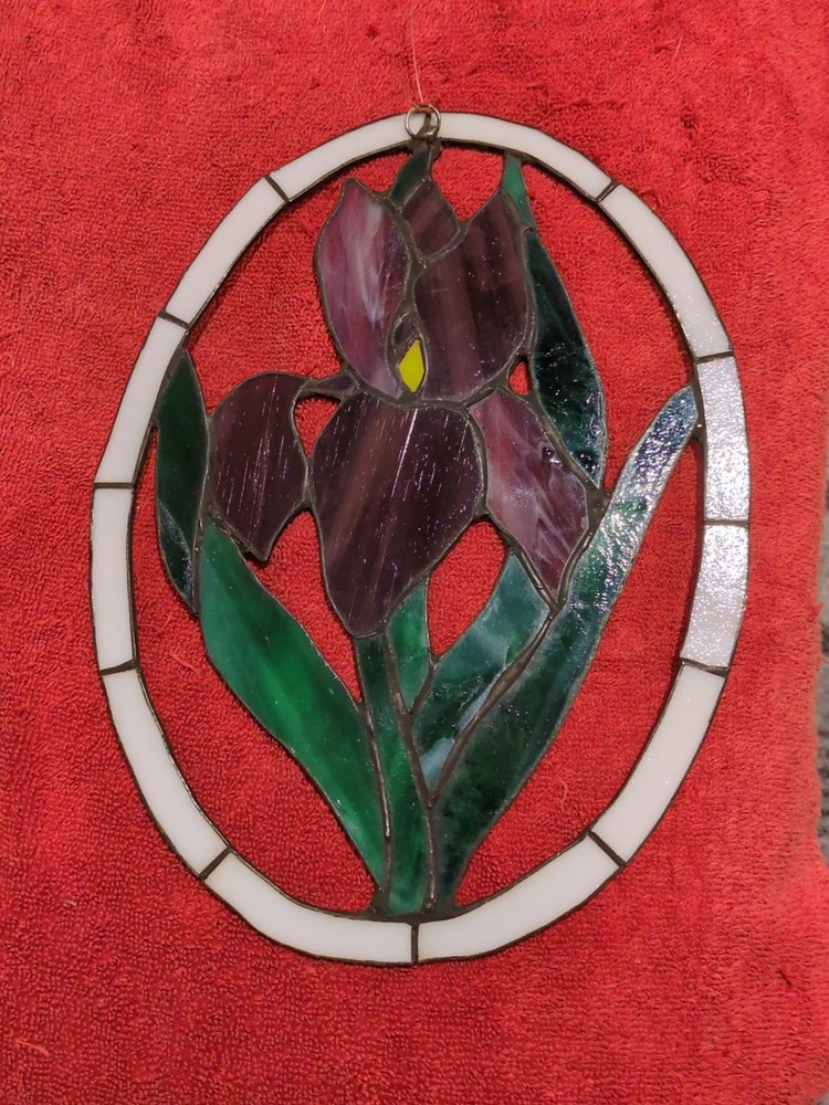 Vintage Stained Glass Oval Iris Window Hanging Decor