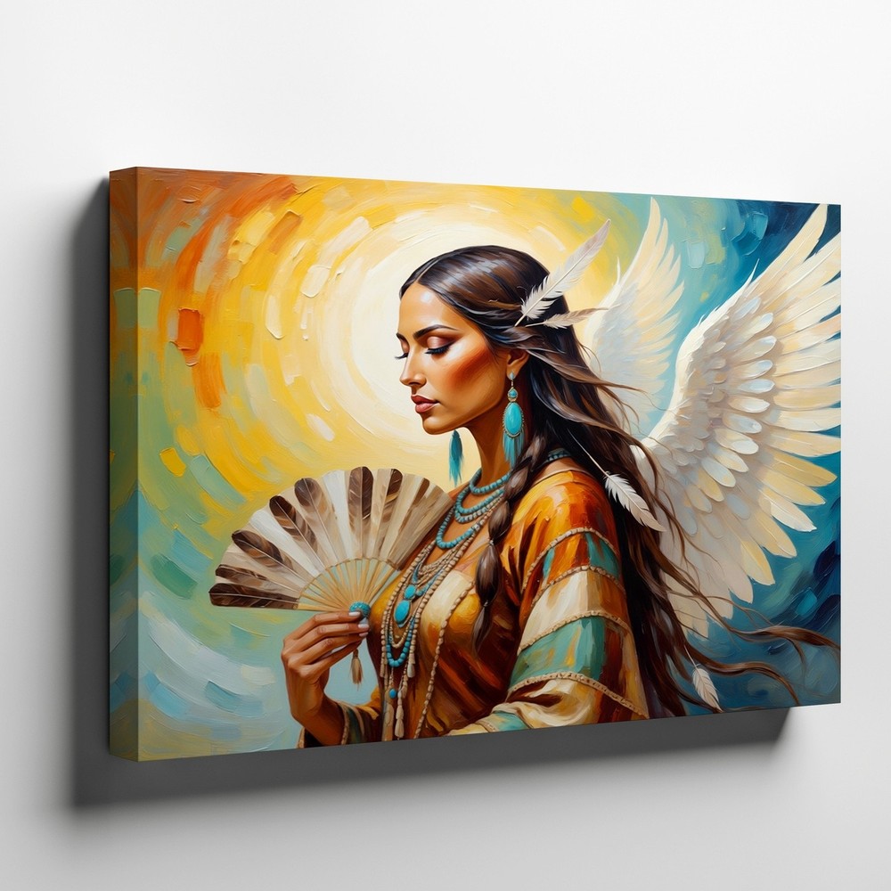 Native American Woman Canvas Art with Angel Wings Boho Tribal Wall Decor Print