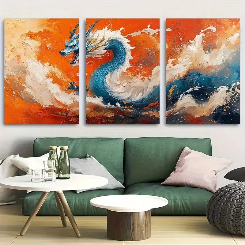 3pcs Vibrant Blue and Golden Dragon with Fiery Metal Print Ready to Hang Art