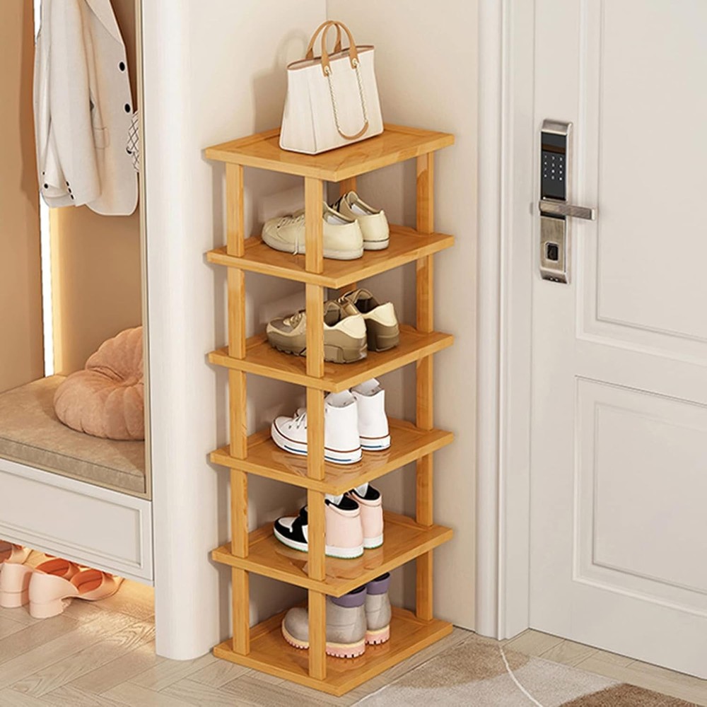 Generic 6 Tier Tall Narrow Shoe Rack, Bamboo Vertical Shoe Rack for Entryway,