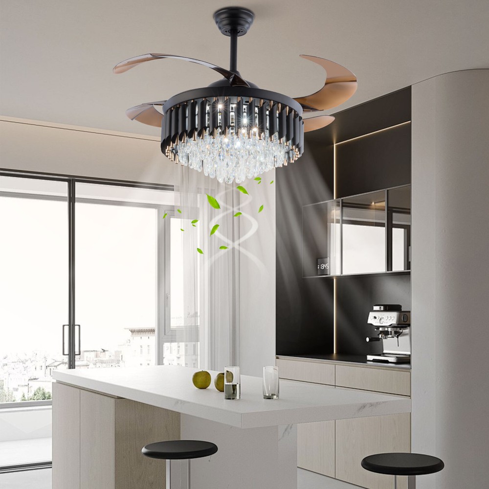 LED Ceiling Fan with Crystal Chandelier Light and Remote Control for Bedroom