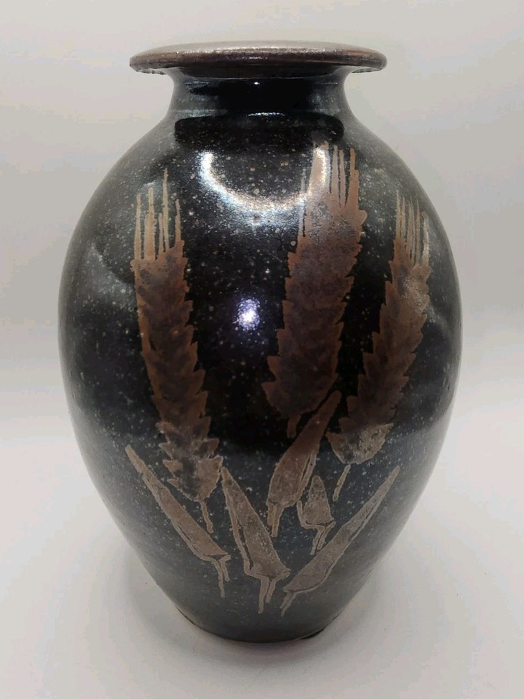 Vintage Studio Art Pottery Tenmoku Wheat Vase
