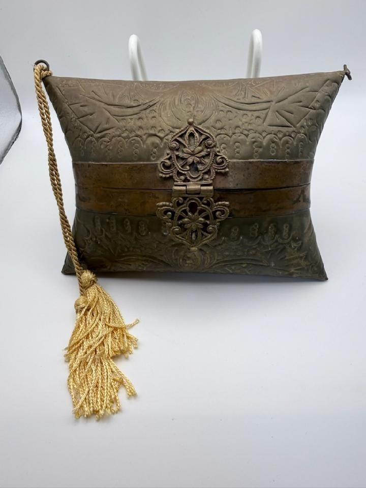 Vintage Art Deco Copper Brass Pillow Purse Velvet Lined Ornate Metal Handbag