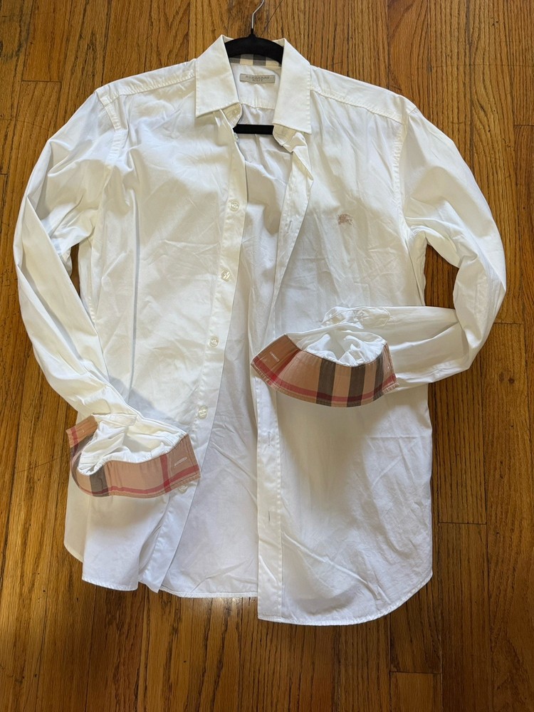 Burberry Brit Men's White Plaid Button-Up Shirt S Embroidered Accents