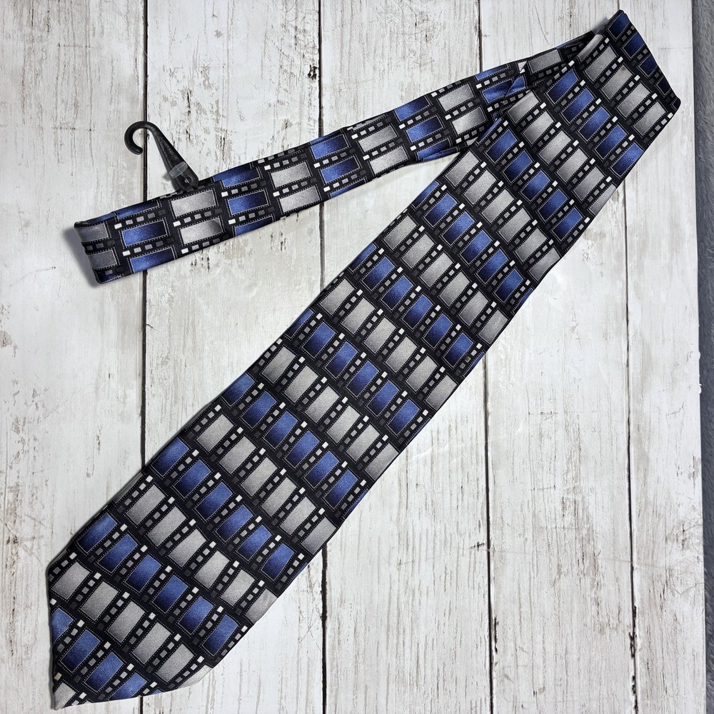 Alexander Julian Colours Men's Silk Tie Black Blue Grey Geometric Film Strip