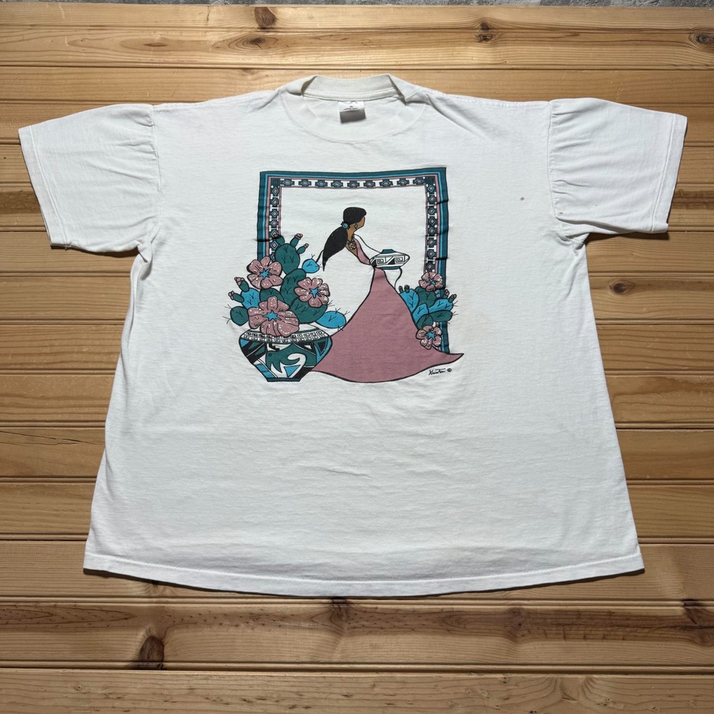 Vintage 90s Native American Woman Cactus Pottery Art Graphic T-Shirt USA - XL