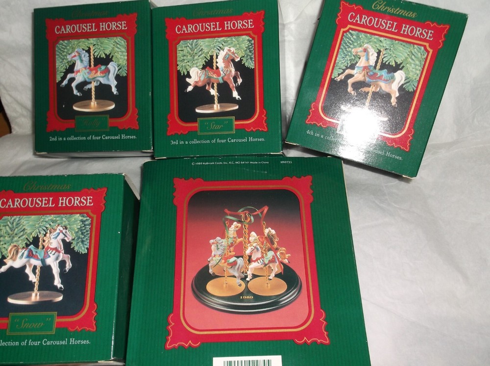 Hallmark Set Of 4 Carousel Horses And Display Stand Complete Set Vintage 1989