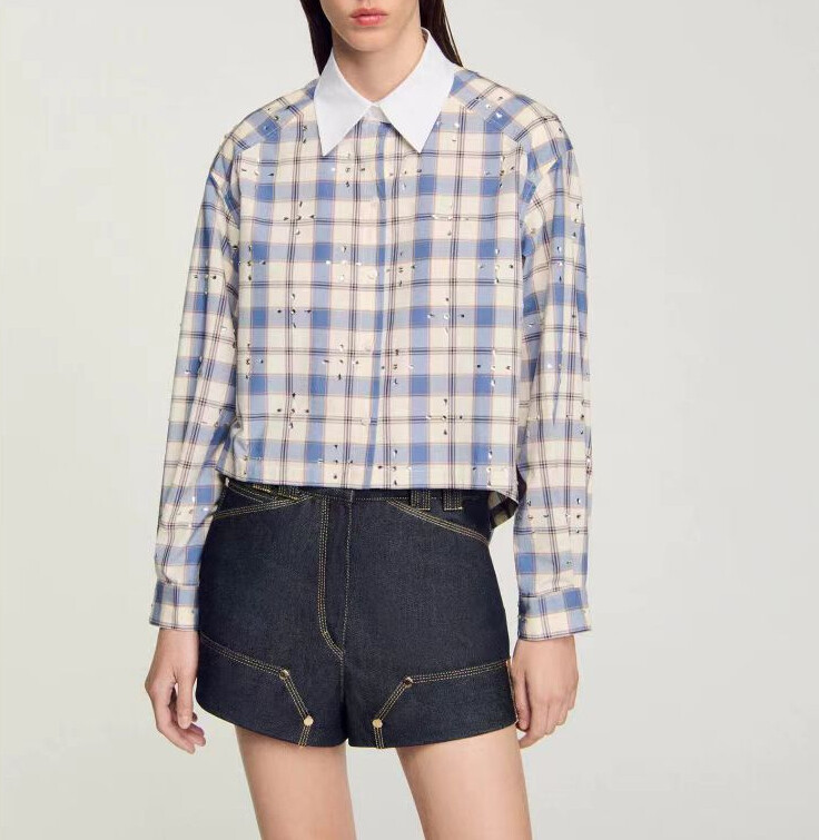 Women Sandro Cotton Checked Long Sleeve Loose Blouse Top