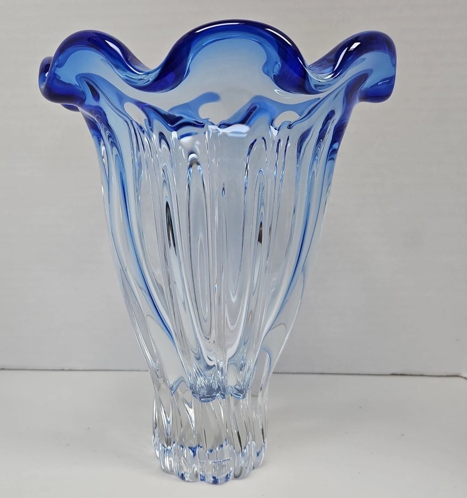Vintage Cobalt Blue Clear Swirled Ruffled Edge Heavy Trumpet Glass 9.5” Vase