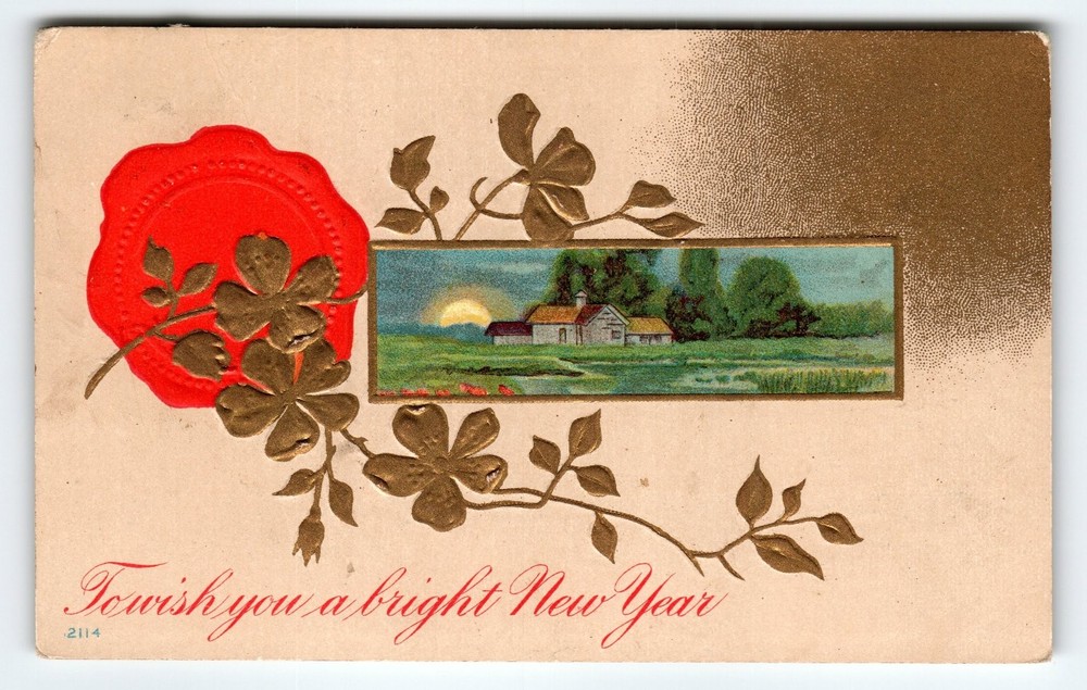 Vintage Embossed New Year Postcard with Scenic Cottage & Gold Detail