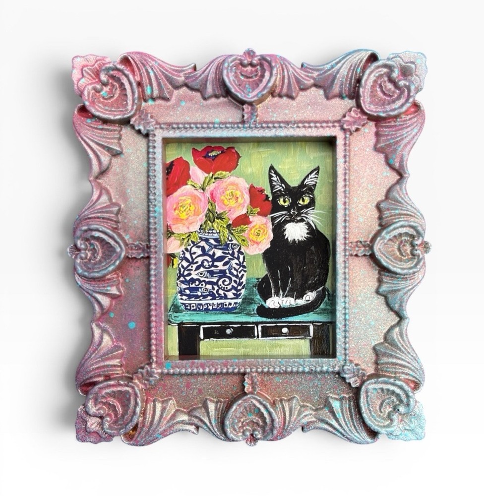 Black Cat & Flowers watercolor print in mini gold vintage style ornate frame