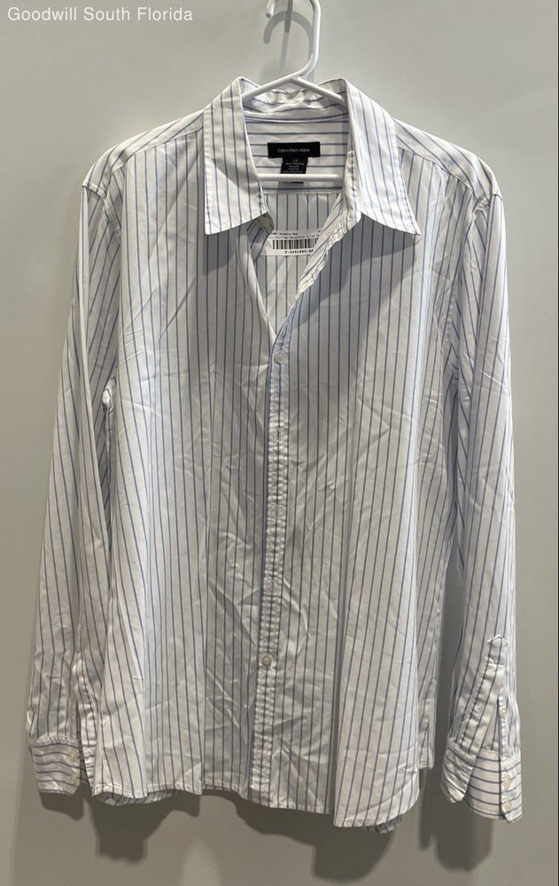 Calvin Klein Mens White Blue Striped Cotton Long Sleeve Button-Up Shirt Size L