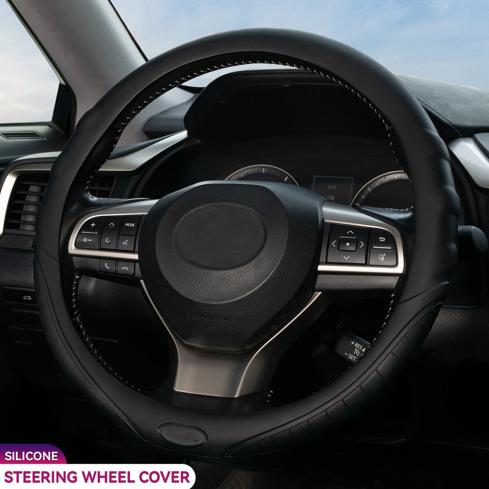 14-15 Inch Non-Slip Silicone Leather Steering Wheel Cover Universal Fit for Cars