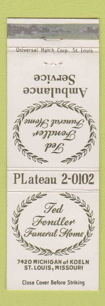Matchbook Cover - Fendler Funeral Home St Louis MO Ambulance WEAR