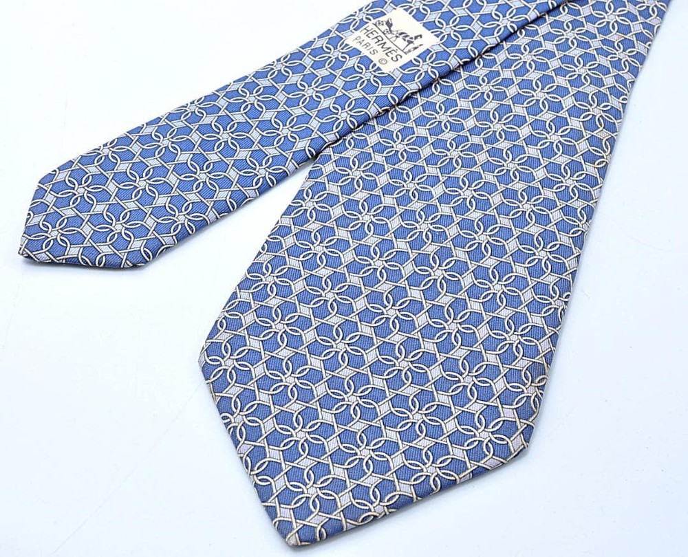 HERMES Necktie Tie Blue Geometric Authentic 100% Silk Made in France Men's Used