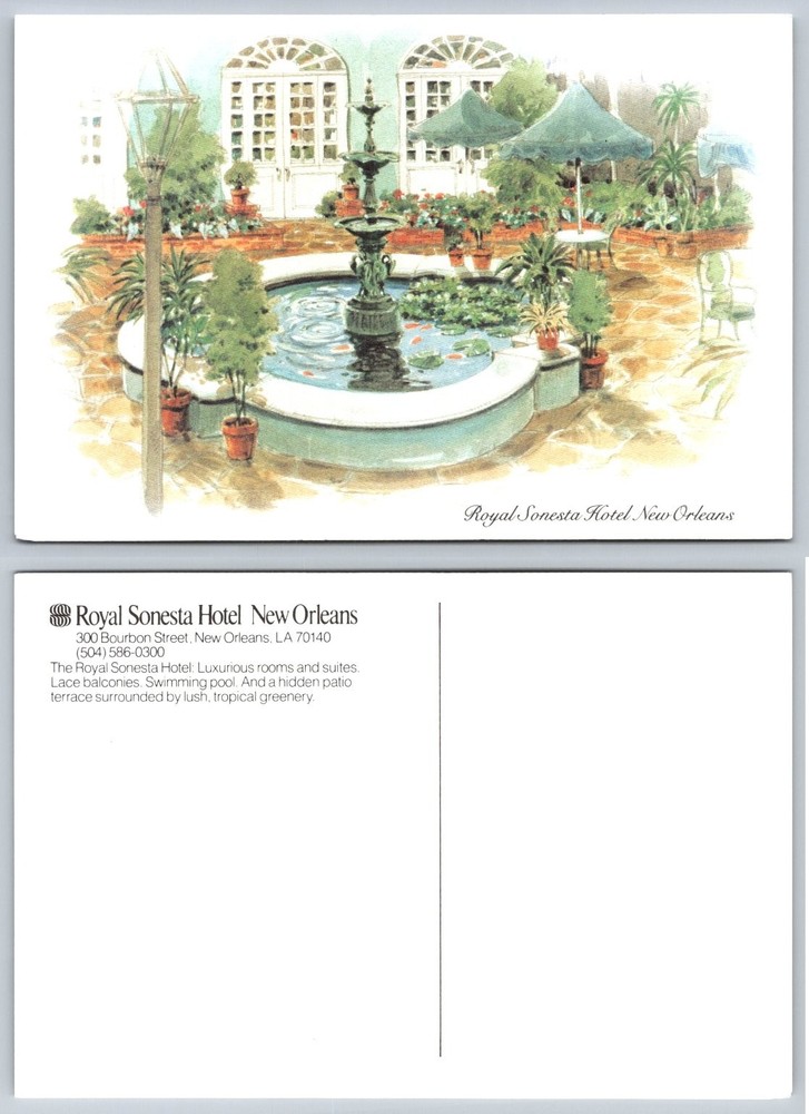 Royal Sonesta Hotel New Orleans Courtyard Fountain Watercolor Postcard
