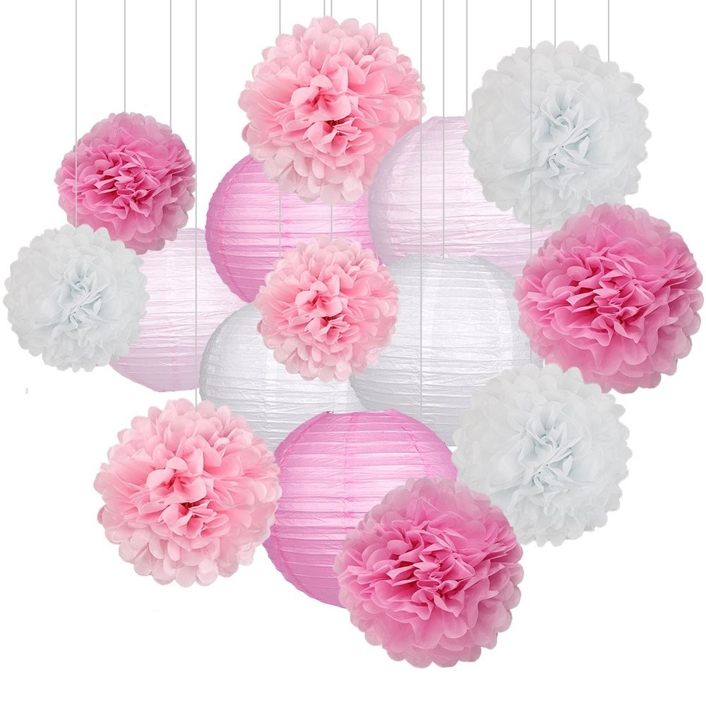 15Pcs Party Pack Lanterns and Pom Pom Balls Hanging Decoration for Wedding Ba...