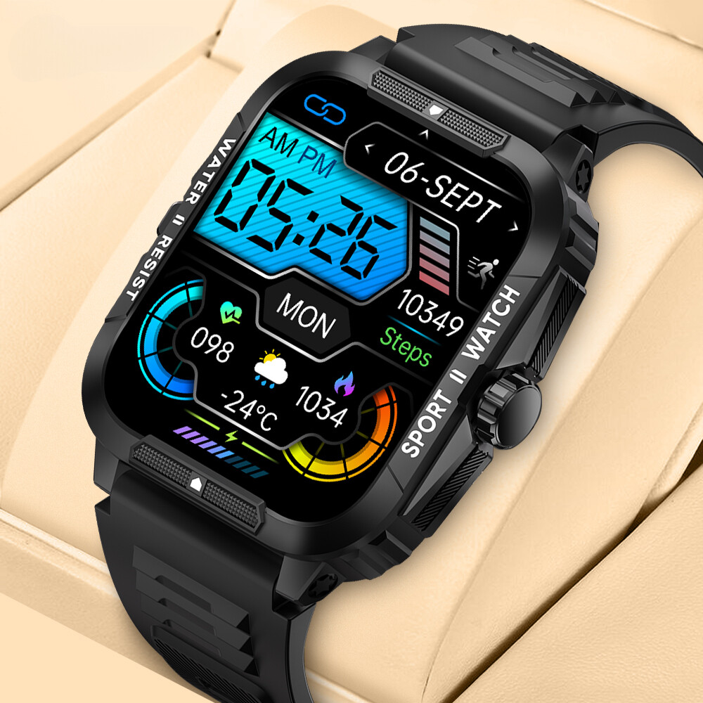 Rugged Military Smartwatch for Men with Bluetooth Calls Waterproof Fitness Tracker