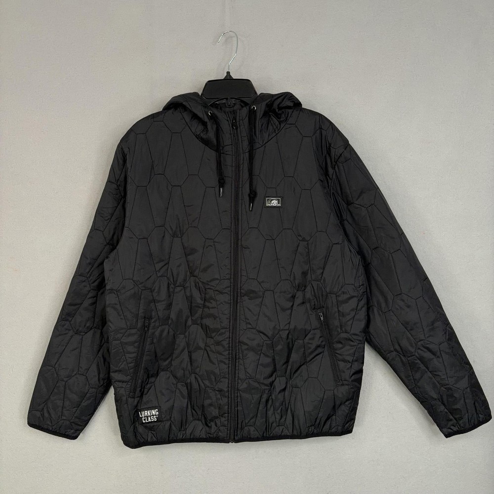 Lurking Class Jacket Mens Large Black Quilted Hooded Insulated Zip Pockets Skull