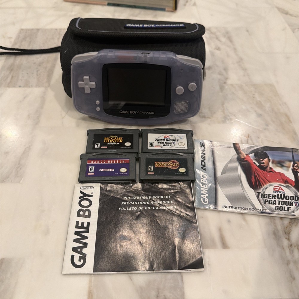 Nintendo Game Boy Advance Glacier Clear GBA Handheld Console Bundle 4 Games Case