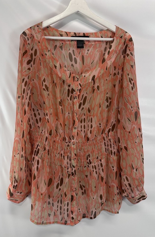 Ashley Stewart Womens 14W Orange Jewel Tone Smocked Chiffon Long Sleeve Blouse