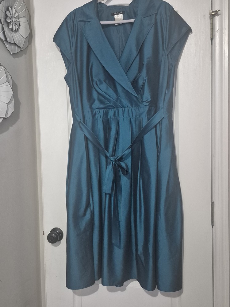 P.S. Style Teal Satin Wrap Dress Size 20 Plus Belted Cap Sleeve Cocktail Evening