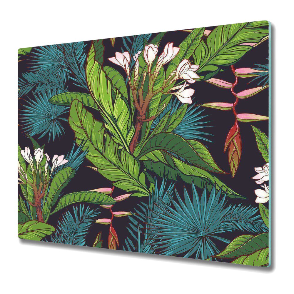 Glass Chopping Board Tropical Jungle Watercolour Monstera Leaves Paradise 60x52