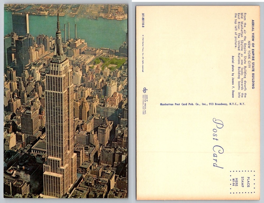 1964 Empire State Building Aerial View NYC Postcard Dexter Press UN East River