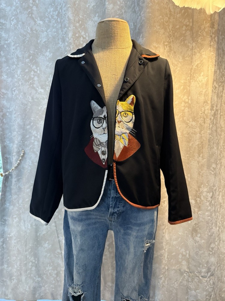 Whimsical Embroidered Cat Jacket – Size M/L