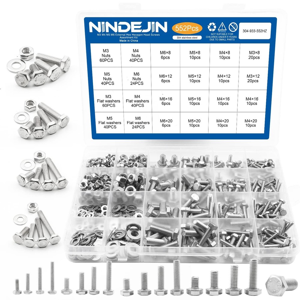 552-Piece M3 M4 M5 M6 Hex Head Bolts and Nuts Assortment Kit – Premium 304 Stainless Steel External Fasteners for Durable and Corrosion-Resistant Applications