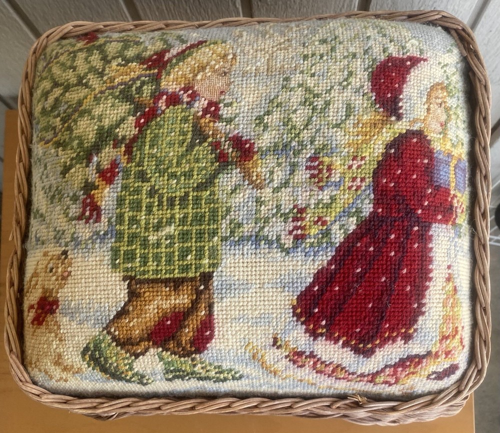 Small Accent Stool Needlepoint Top Christmas Footstool Nordstrom Wool Wicker-image