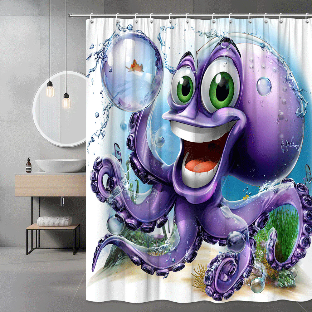 Purple Octopus Shower Curtain Cartoon Ocean Graphic