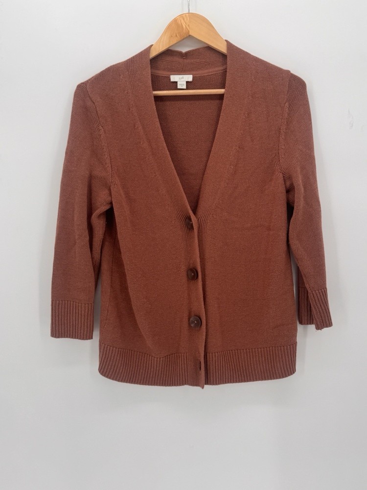 J Jill Sweater Cardigan Women's XS Rust Orange Button Front V Neck 3/4 Sleeve