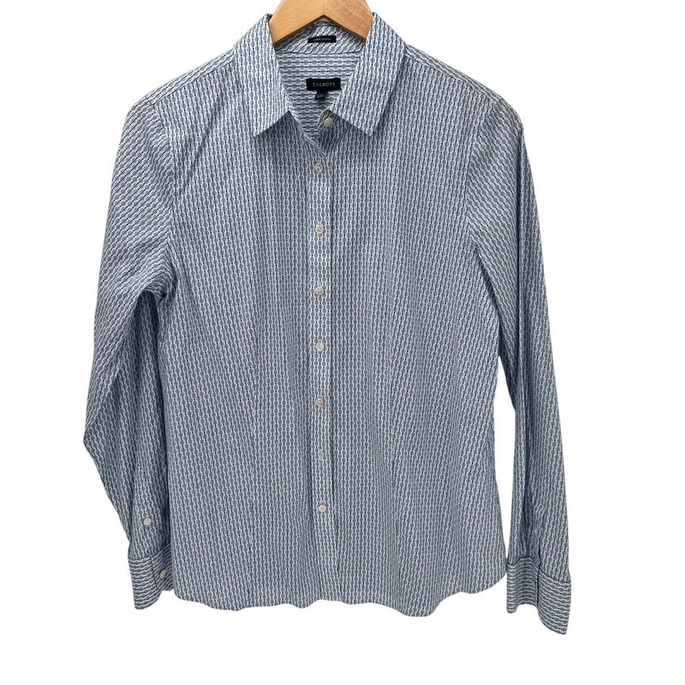 Talbots Blouse Womens 10 Blue White Button Up Wrinkle Resistant Coastal Shirt