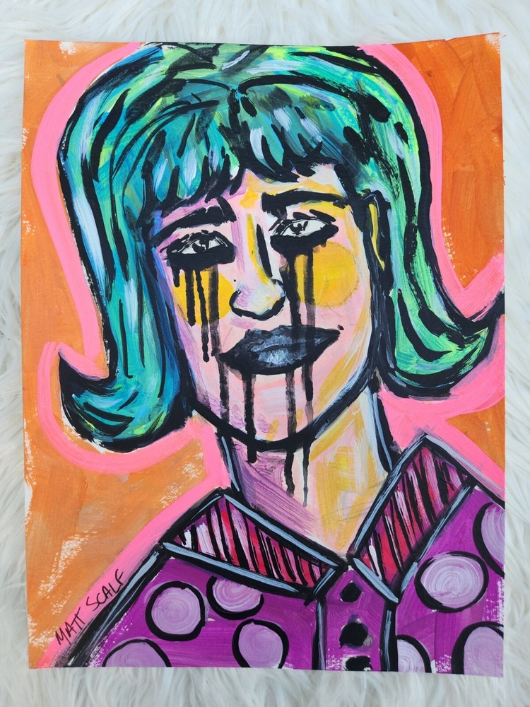 Matt Scalf Abstract Face Graffiti Art Portrait Creepy Sad 9x12 ORIGINAL PAINTING-image
