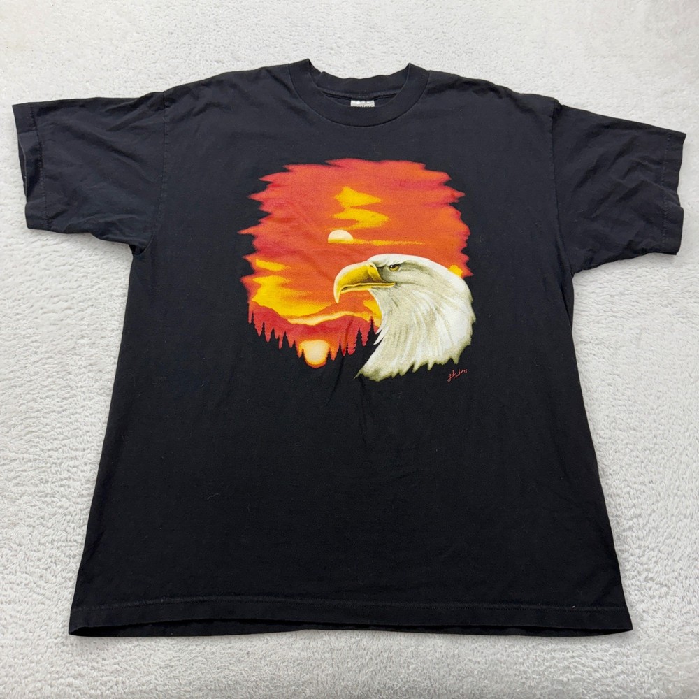 Vintage Murina Bald Eagle Sunset Graphic T-Shirt Mens XL Black Made in USA 90s