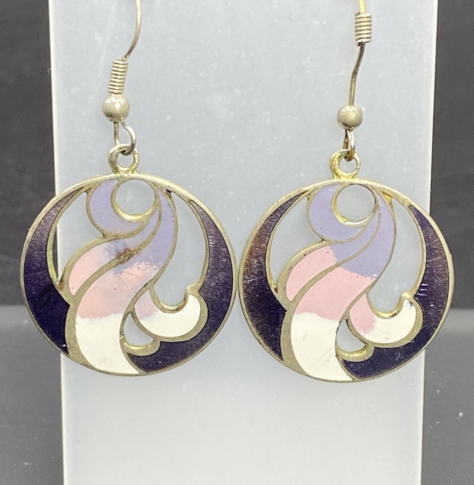 Vtg Laurel Burch Cloisonne Enamel Swirl Dangle Earrings Purple Pink Gold