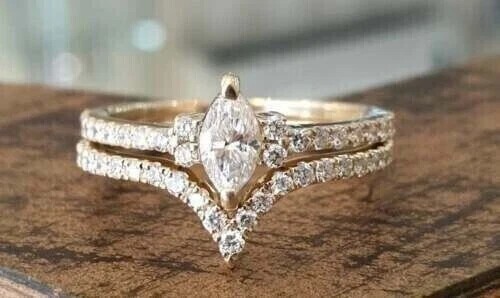 Marquise Cut  Simulated Diamond Wedding Bridal Set Ring 14k Yellow Gold Plated