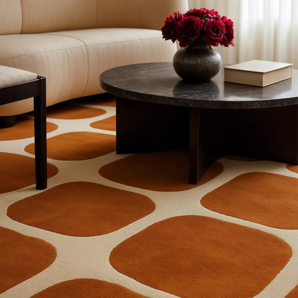 Hand-Tufted New Zealand Wool Rug: Terracotta Pebble Design, Mid-Century Modern