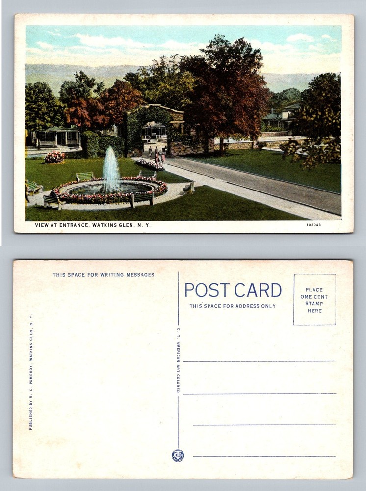 Watkins Glen, NY-New York, Entrance Fountain Scenic View Vintage Postcard