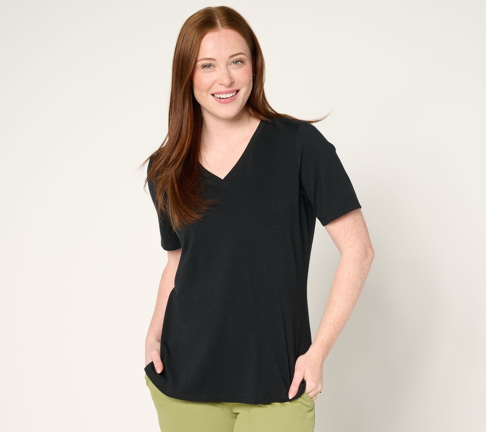 Denim & Co Womens L Black Beach Jersey Short Sleeve V-Neck Top A681963
