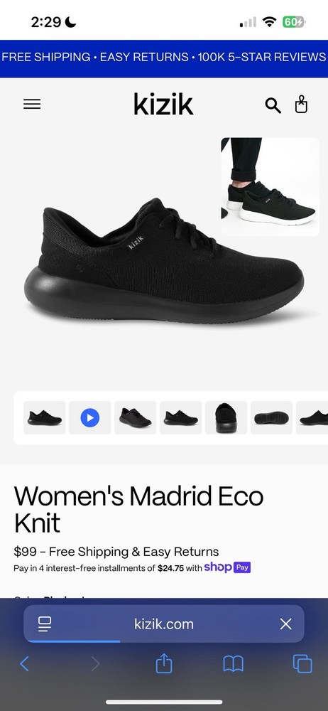 Kizik Madrid Eco Knit Mens Slip-On Sneakers Size 7.5 Black On Black