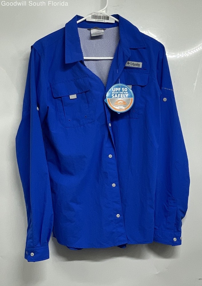 Columbia Youth Blue Bahama Long Sleeve UPF 50 Button-Up Shirt Size XL With Tags