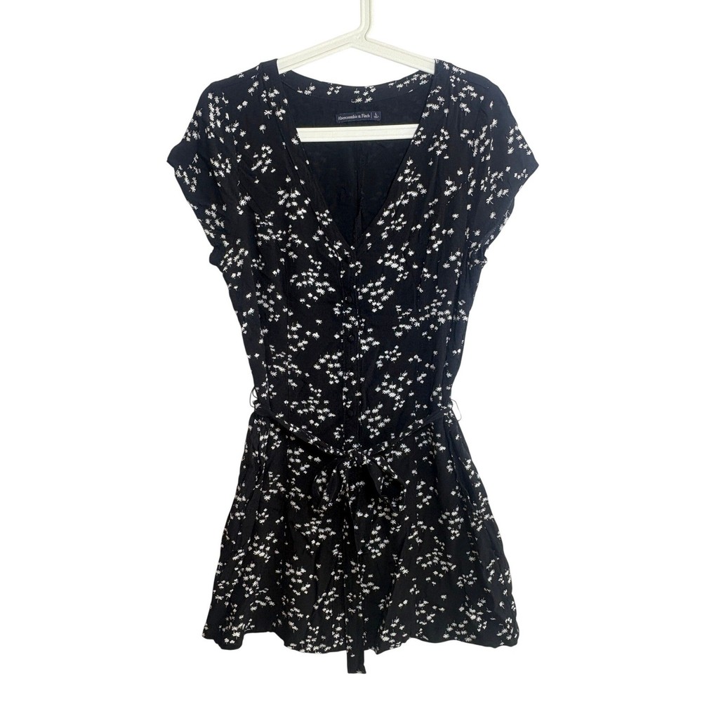 Abercrombie & Fitch Black Floral Ditsy Wrap Dress Tie Waist Mini Large L