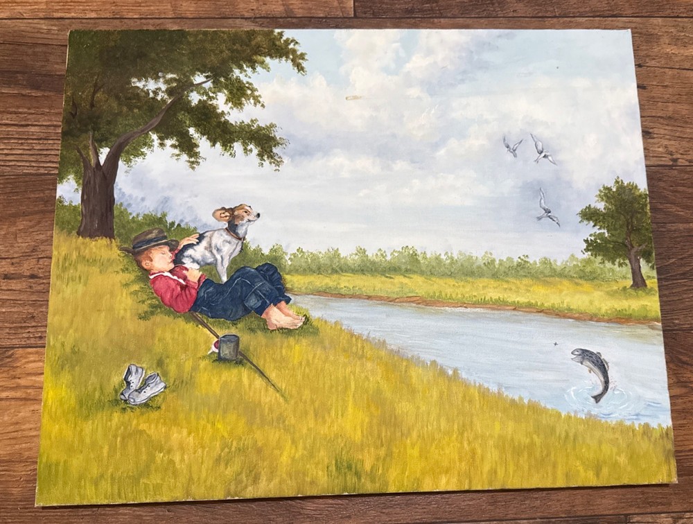 VINTAGE Original Hand Painted Landscape Oil/Acrylic On Canvas Board River Scene